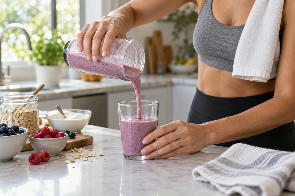 Fruchtiger Proteinshake wird nach dem Training in einer hellen Küche eingeschenkt
