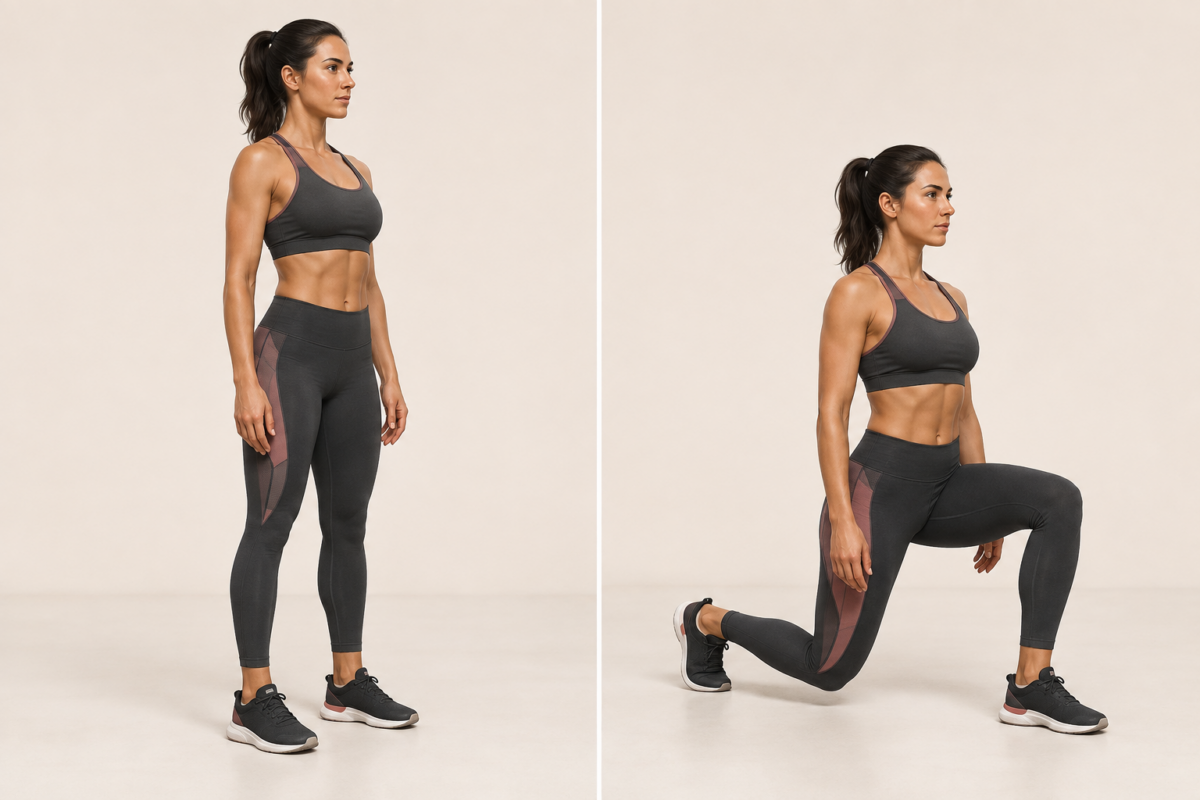 3D illustration of a Bulgarian split squat: rear foot elevated on the left, lowered position on the right