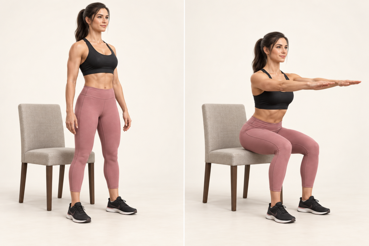 3D-Darstellung des Chair Squats: links der Stand vor dem Stuhl, rechts das kontrollierte Hinsetzen