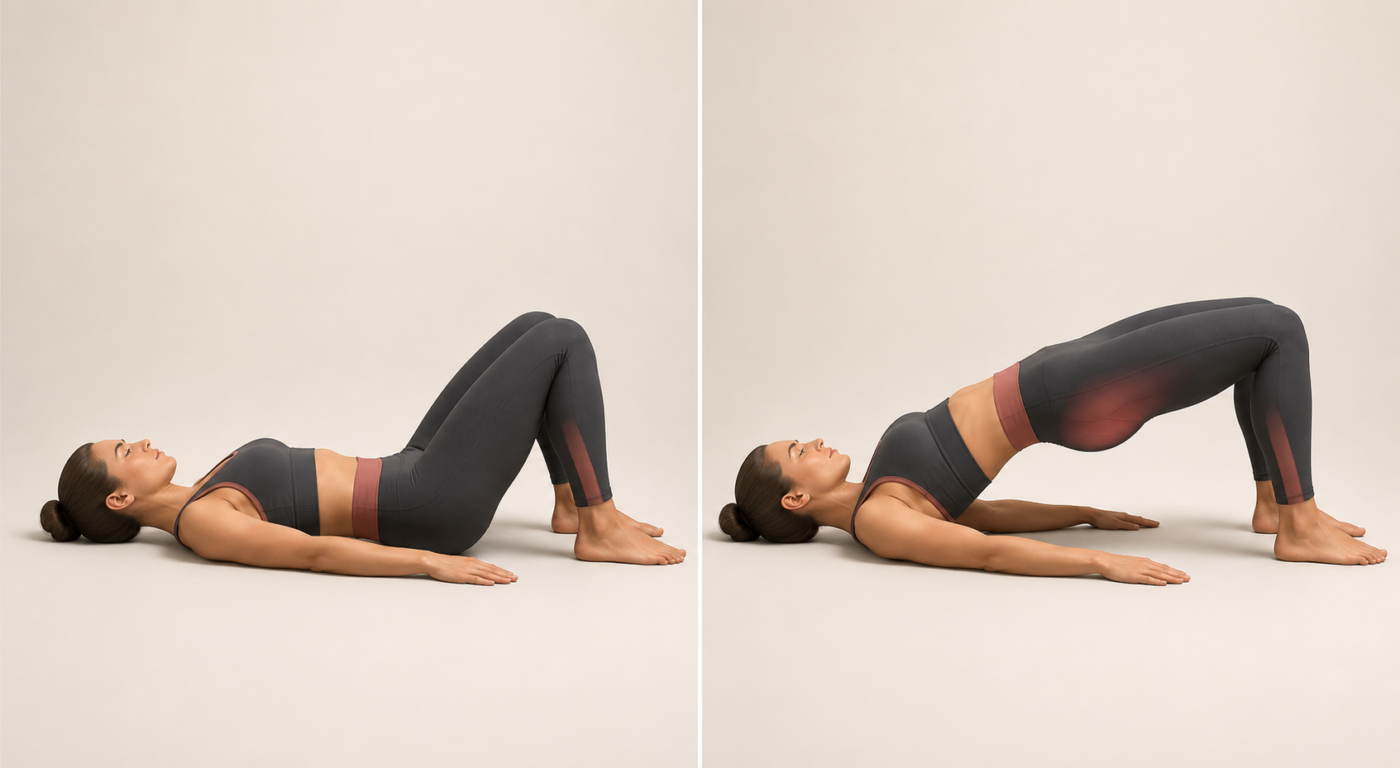Illustration 3D du glute bridge : position de départ à gauche, bassin relevé à droite