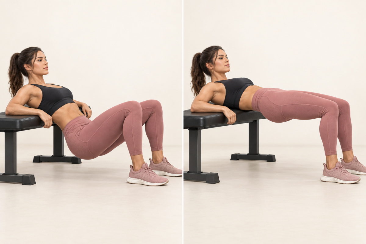 3D illustration of a hip thrust: upper back supported on a bench on the left, hips extended on the right