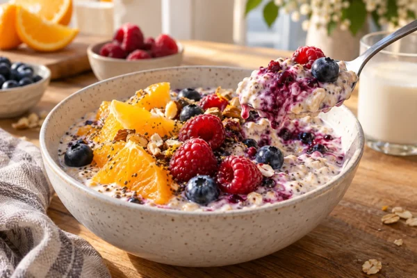 Schüssel mit cremigen Protein Overnight Oats und Beeren für den FitNFemale Magazinbeitrag