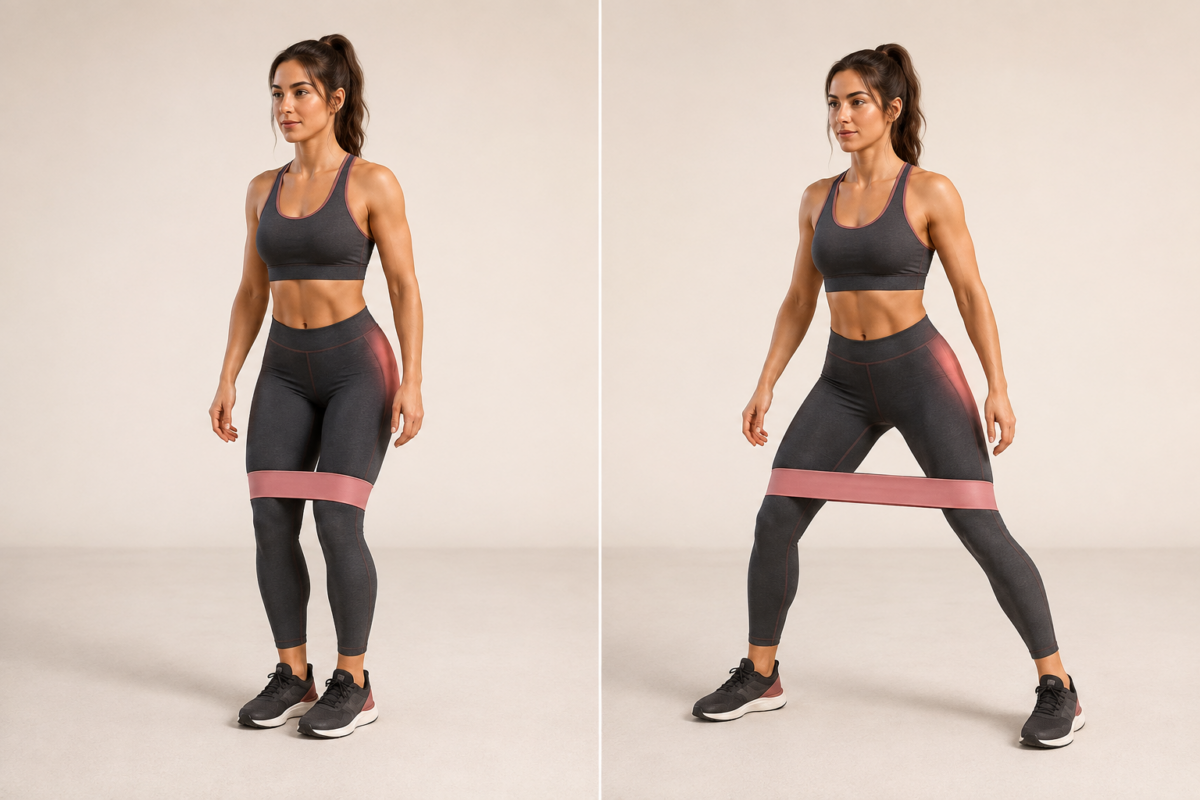 Illustration 3D des pas latéraux avec mini-élastique : position étroite à gauche, appui large avec élastique tendu à droite