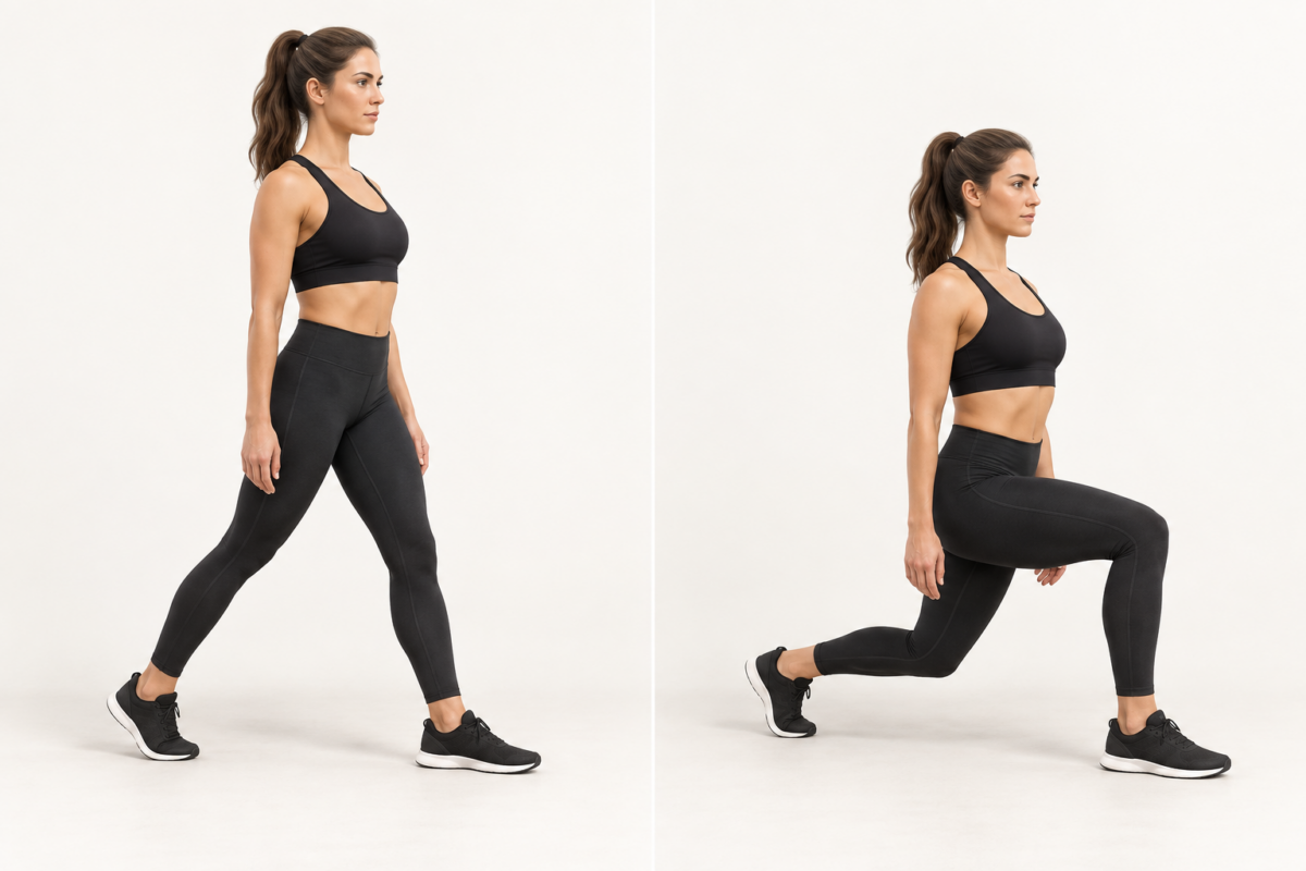 3D-Darstellung eines Split Squats: links die versetzte Ausgangsposition, rechts die abgesenkte Position