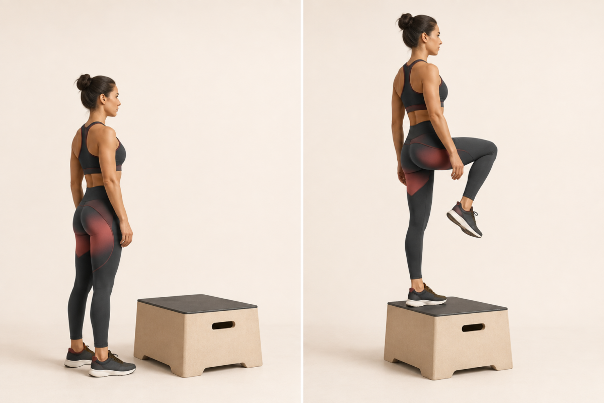 Illustration 3D du step-up : devant la box à gauche, debout sur la box avec genou levé à droite