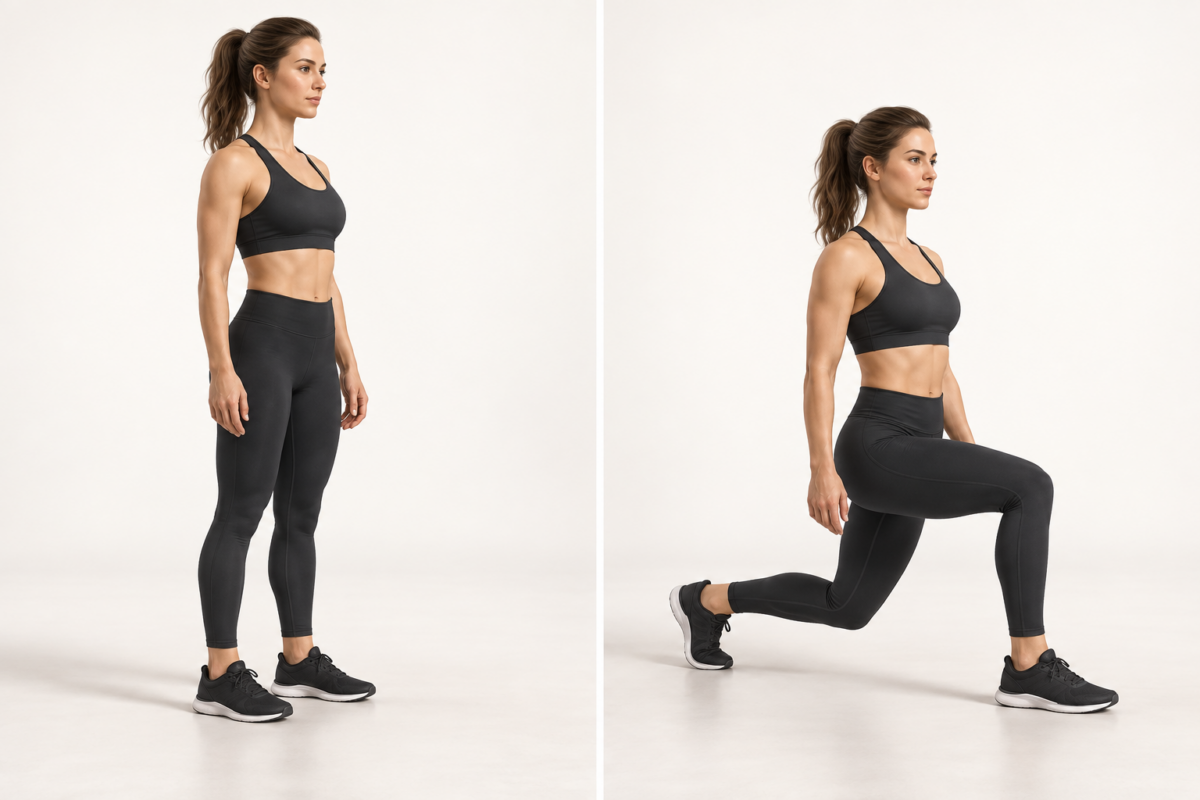 3D-Darstellung gehender Lunges: links der Stand, rechts der kontrollierte Schritt nach vorn