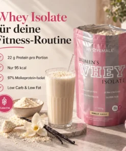 Women’s Whey Isolate Vanille mit zubereitetem Shake und Produktübersicht