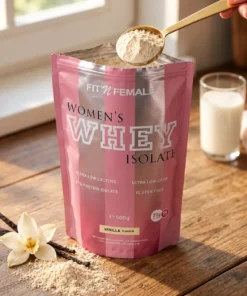 Geöffneter Beutel Women’s Whey Isolate Vanille mit einem Löffel Proteinpulver