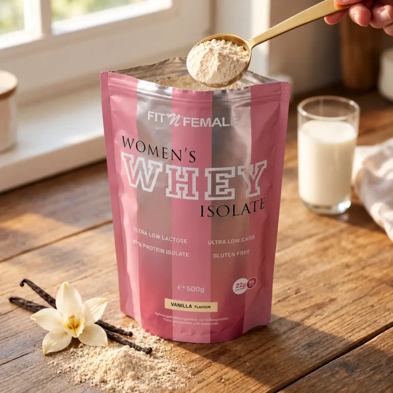 Geöffneter Beutel Women’s Whey Isolate Vanille mit einem Löffel Proteinpulver